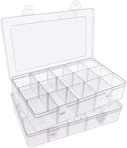 2 Pack Plastic Small Crafts Storage Boxes with Adjustable Dividers (15 Grid)
