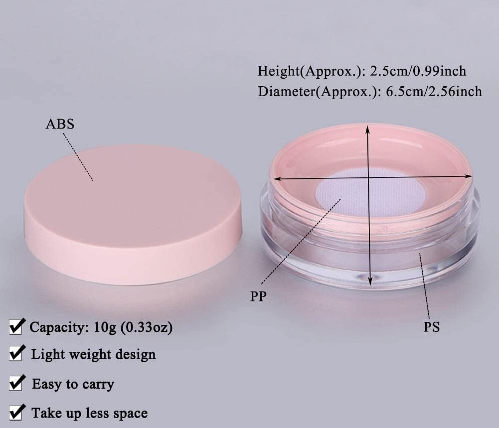 AKOAK Capacity 10 ml(0.33 oz) No Leaks Empty Reusable Plastic Loose Powder Compact Container DIY Makeup Powder Case with Sponge Powder Puff,Elasticated Net Sifter and Pink Threaded Screw Lid