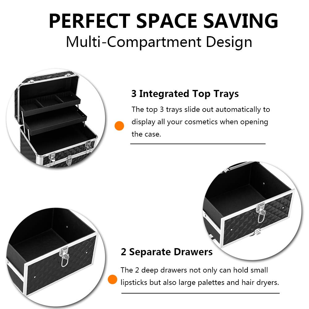 mefeir Aluminum Rolling Makeup Train Case, Portable Makeup Organizer Suitcase, Cosmetic Storage Box, Travel Beauty Luggage Trolley Lockable w/4 Removable Wheels & 2 Sliding Drawers (Black)