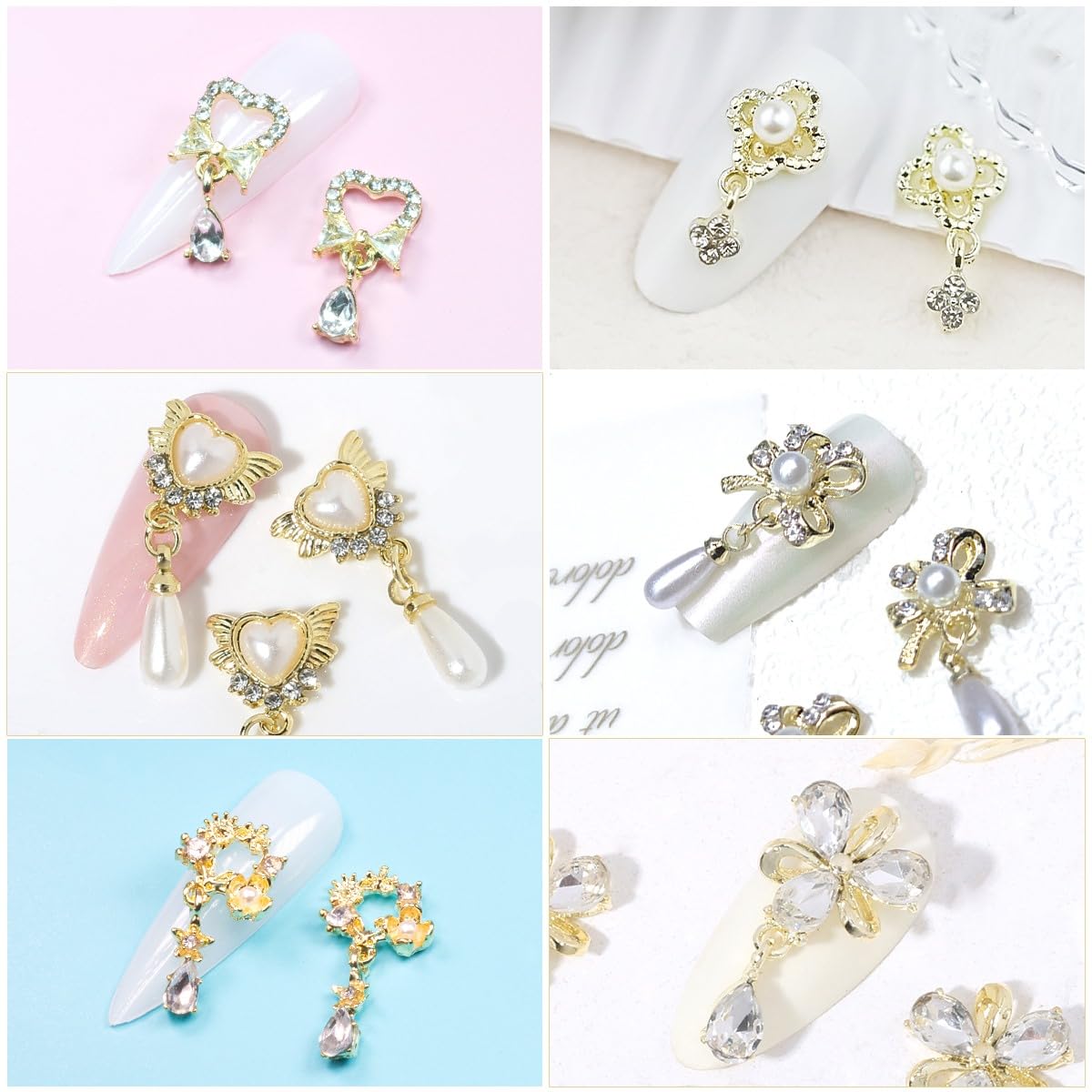 20Pcs Luxury Nail Charms 10 Pair Dangle Nail Art Rhinestones Heart Charms for Nails Flower Nail Crystals Heart Pearl Crystal Big Gems 3D Alloy Gold Luxury Nail Gems for Nails Crafts DIY Jewelry Making