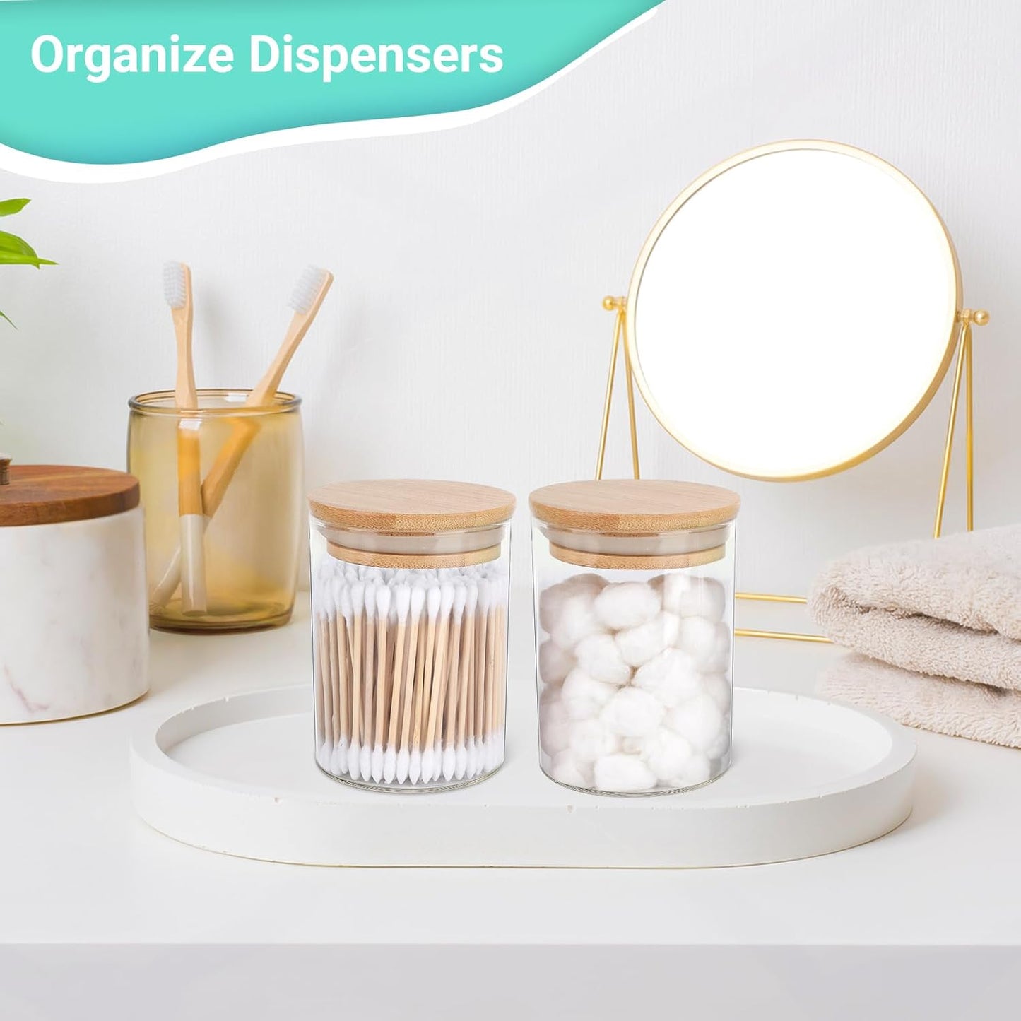 2 Pack Glass Qtip Holder Dispenser Set - Apothecary Jars with Lids for Vanity Makeup Organizer - Bathroom Canister Storage Organizer for Cotton Ball, Swab, Round Pads,Floss