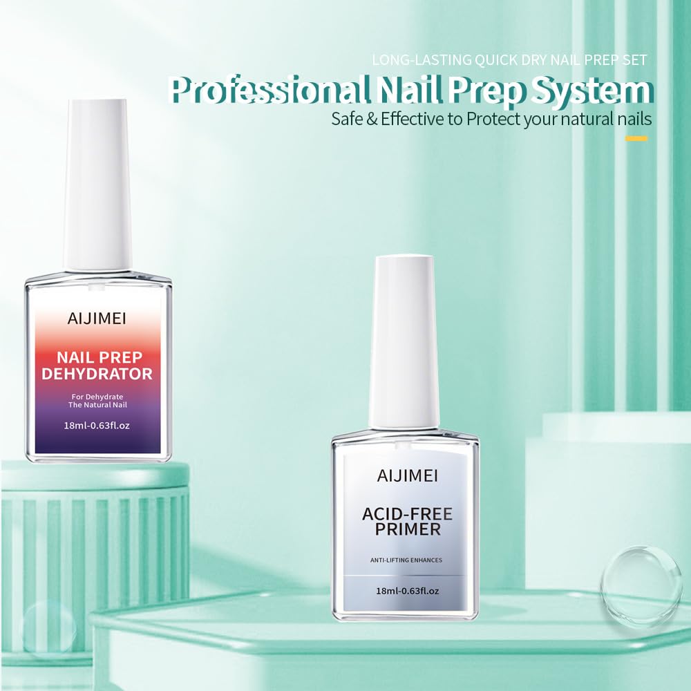 AIJIMEI Professional Natural Nail Prep Dehydration and Acid Free Primer For Acrylic False Nail Tips Bond Base Gel Nail Polish and Quick Drying Adhesive Dehydrator Set(18ml/0.63fl.oz