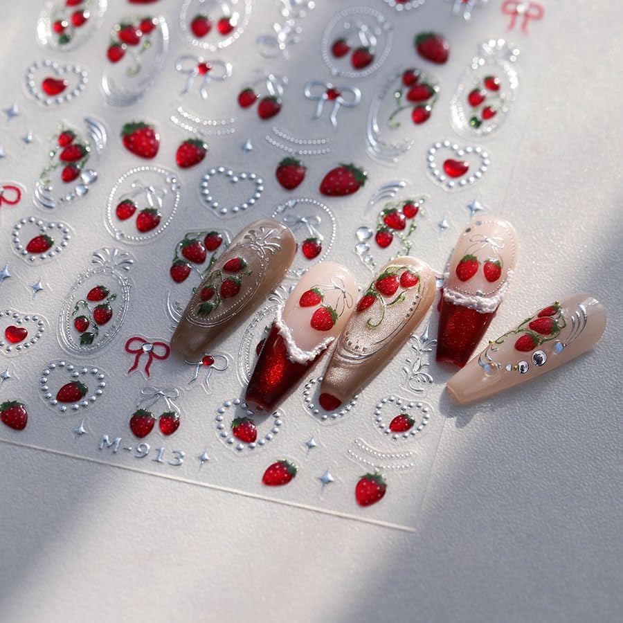 1Sheet Cherry Nail Stickers Summer Nail Decals 5D Embossed Bow Cherry Hot Stamped Gold Bow Heart Shape Star Jelly Design Summer Nails Supplies Pearl Chain Exquisite Nail Decor for Women DIY Manicure
