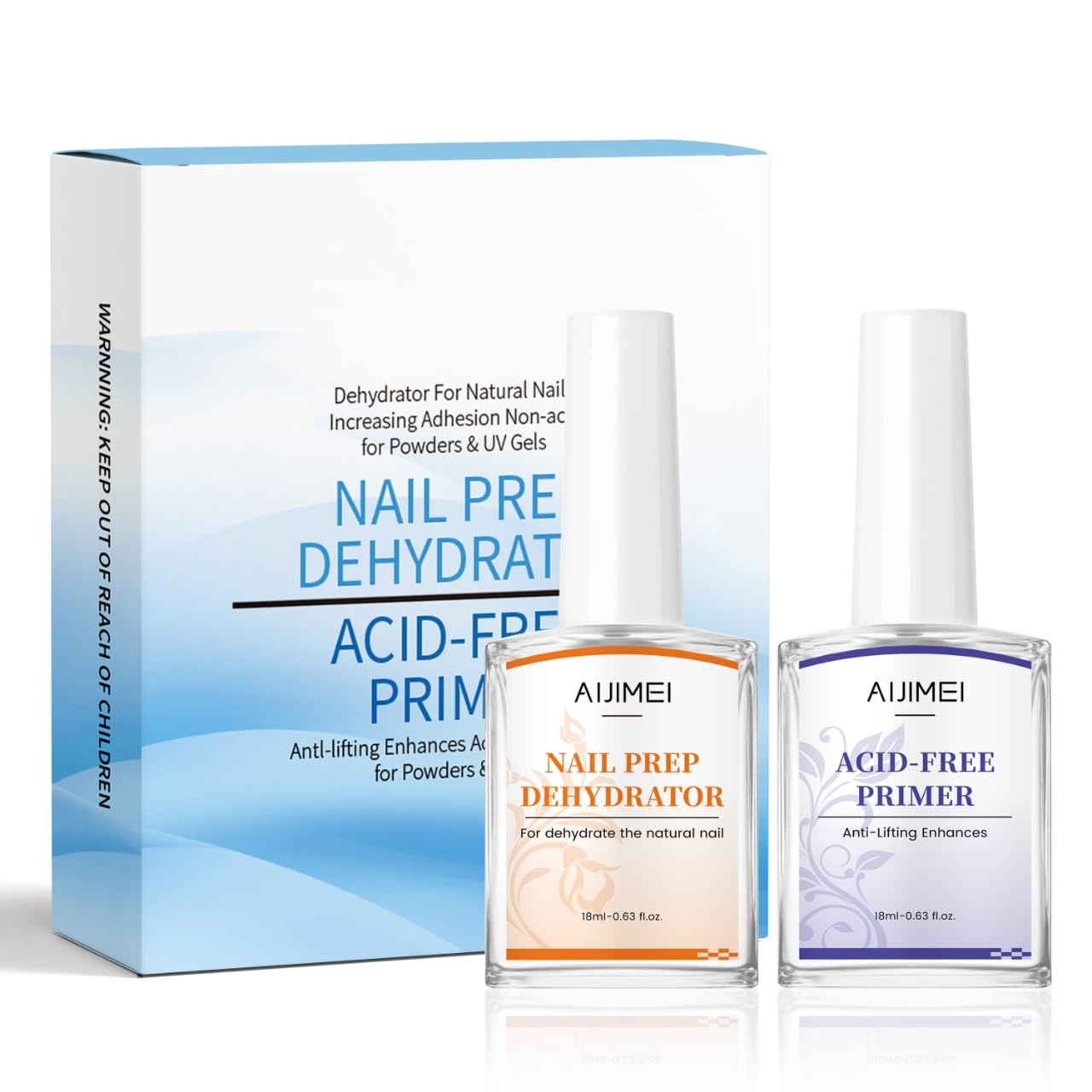 AIJIMEI Professional Natural Nail Polish Dehydration and Acid Free Primer for Acrylic Acid and Gel Nail Polish, Quick Drying Advanced Adhesive Set(18ml/0.63fl.oz)