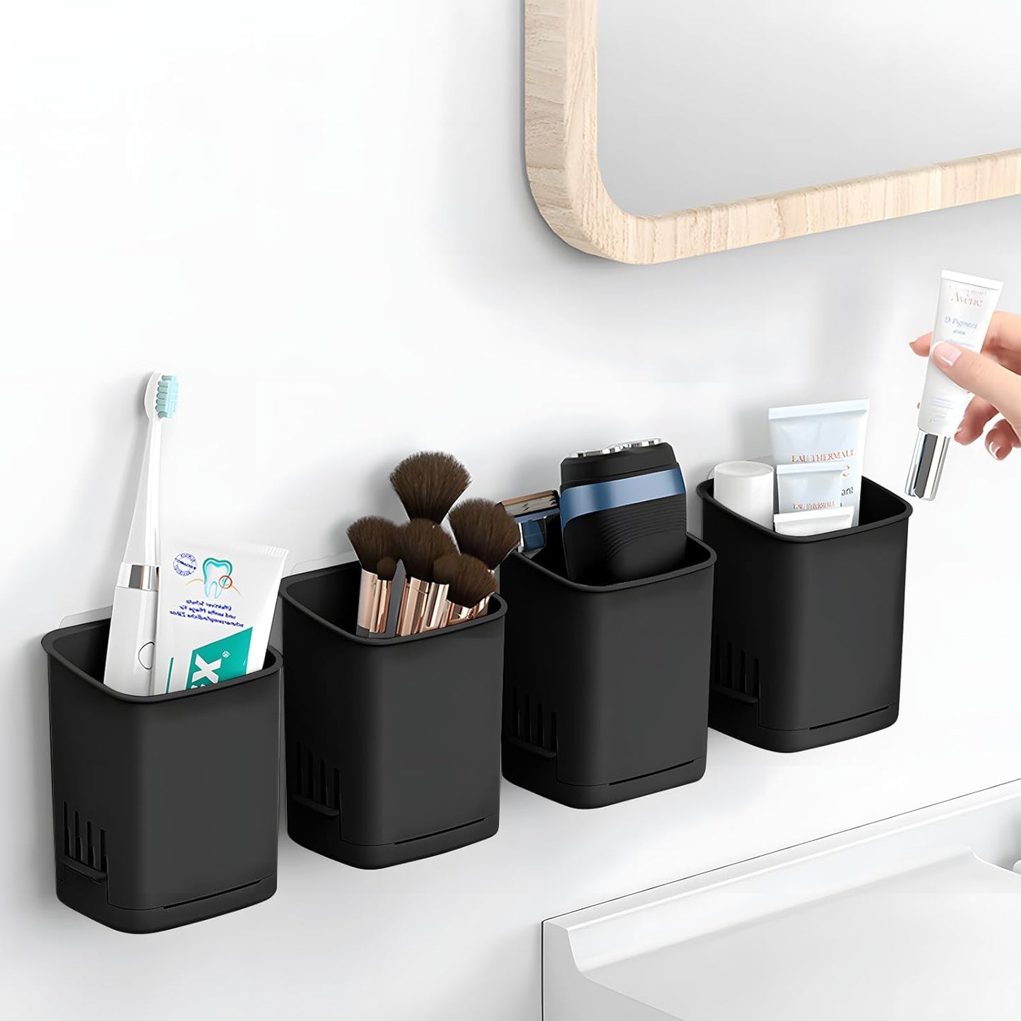 2 Packs Wall Mounted Toothbrush Holders, Self Adhesive Bathroom Toothbrush Wall Holder for Electric Toothbrush, Toothpaste, Razor,Shower Item (Black