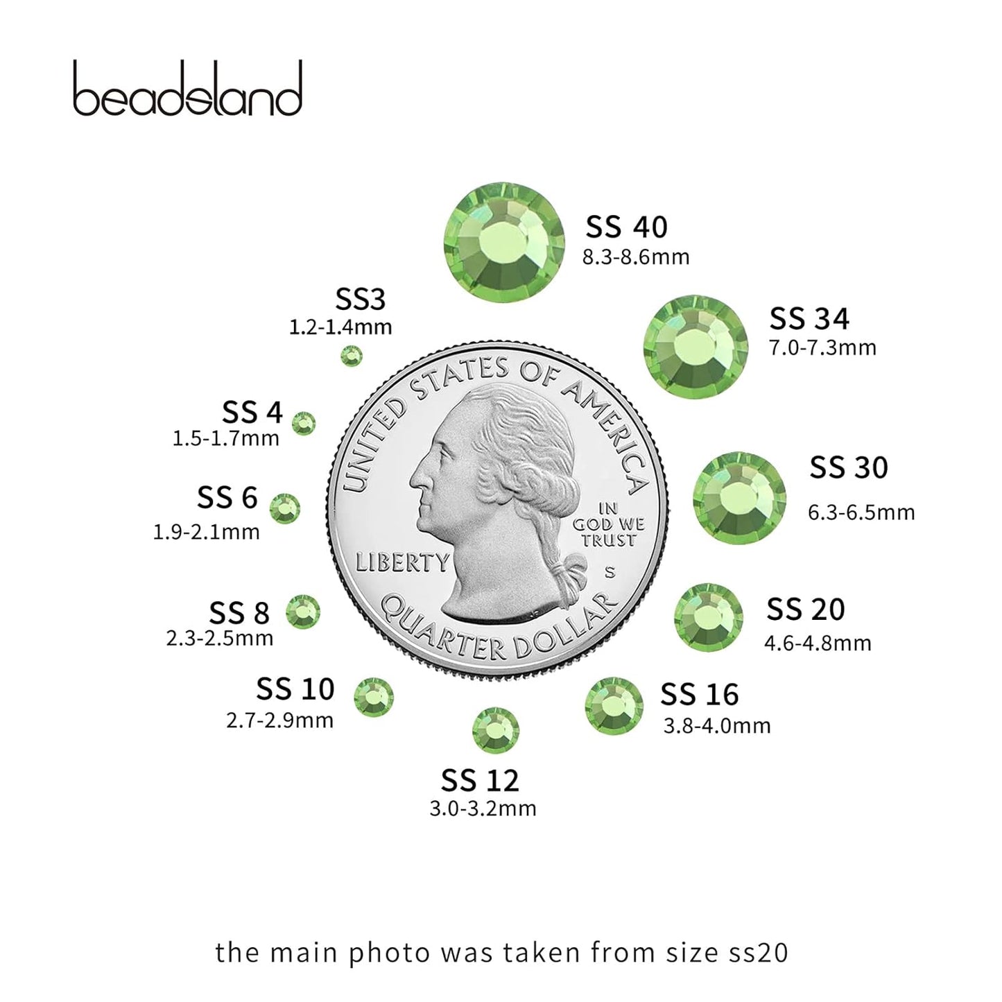 beadsland Flat Back Crystal Rhinestones Round Gems for Nail Art and Craft Glue Fix,Light Green (1.9-2.0mm) SS6/1440pcs