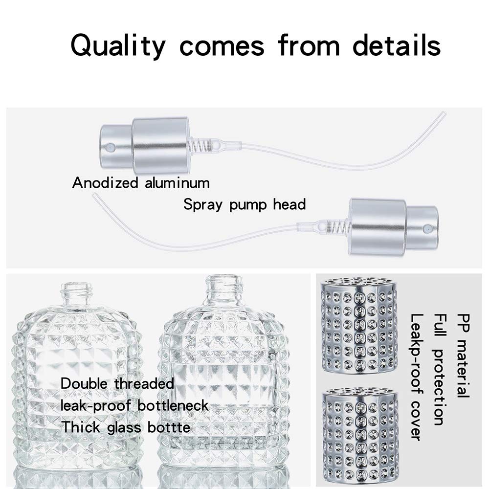 2 Pack 30ml 50ml Clear Empty Glass Spray Bottles,Refillable Empty Atomizer Perfume Bottles,Atomizer Spray Bottle With 4 kinds of perfume dispenser (50ml Silver cap and 30ml Silver cap)