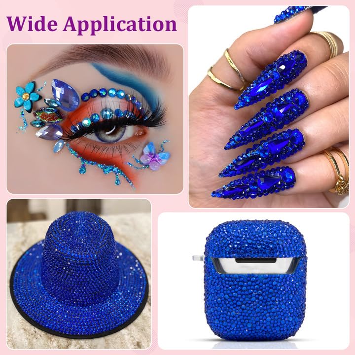 30000Pcs Resin Rhinestones with Tweezers for Crafting, Royal Blue Flatback Gems, Bedazzling Crystal with 3Pcs 10ml B7000 Jewelry Glue for DIY Crafts Clothing Tumblers Shoes Fabric Nail Art