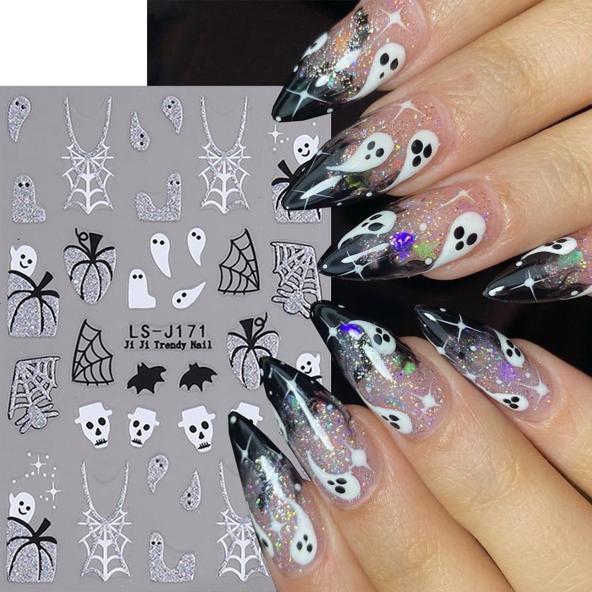 6 Sheets Silver Pumpkin Nail Art Stickers Halloween Nail Stickers Glitter Spider Web Nail Decals Bat French Tips Water Drop Gold Design Shine Sticker for Nail DIY Manicure Supplies for Women