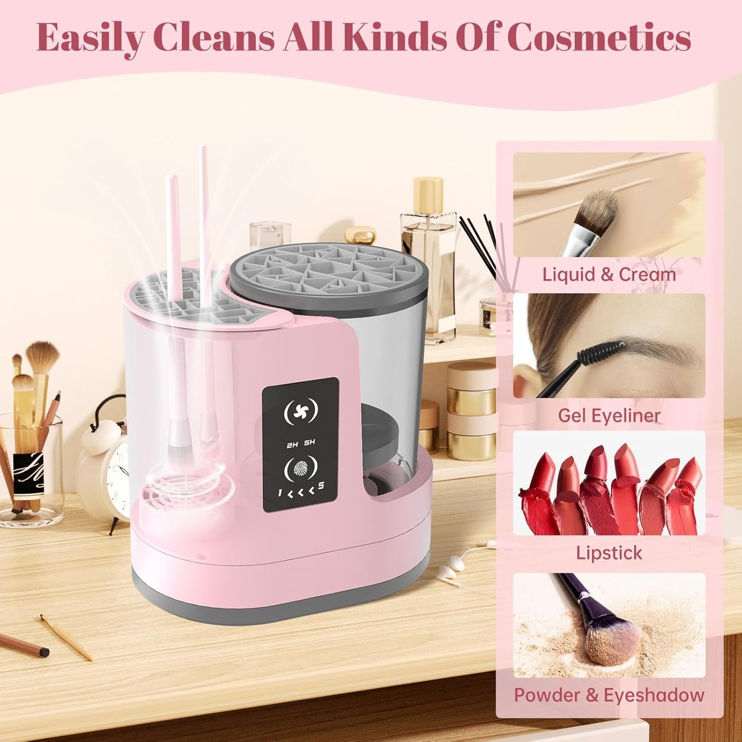 3 IN 1 Electric Makeup Brush Cleaner Machine With Makeup Brush Dryer-Holder-Portable Automatic USB Cosmetic Brushes Cleaner Tool for All Size Beauty Makeup Brush Set,Eyeshadow, Blush Brush (Rose Pink)