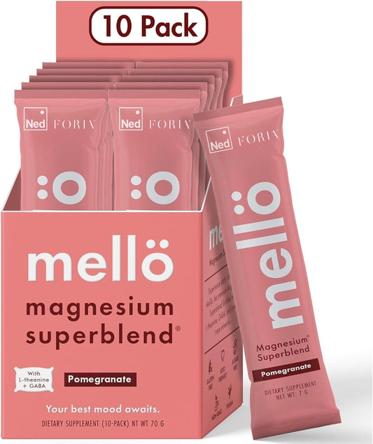 mellö Magnesium Supplement Superblend Powder - Magnesium Glycinate with L-Theanine, GABA, and Trace Minerals - Supports Sleep, Relaxation, and Balanced Energy - Pomegranate Flavor, 10-Pack, Singles