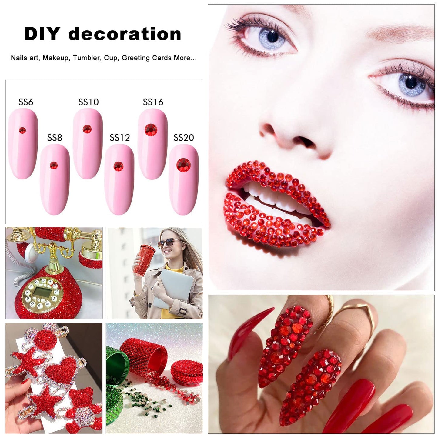 4240Pcs Flatback Red Rhinestones Glass Crystal Diamonds for Nail Art Eye Jewels Glitter Round with Tweezers and Picking Pen (SS6~SS20 Set)