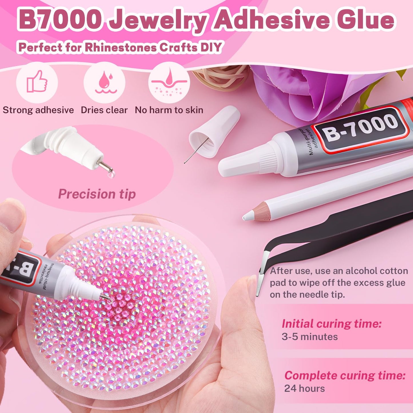20000Pcs Pink Rhinestones for Bedazzling with 3Pcs B7000 Jewelry Glue, Resin Rhinestones for Crafting Crafts,Bedazzler Kit Flatback Gems for Clothing Shoes Tumblers Nail Art