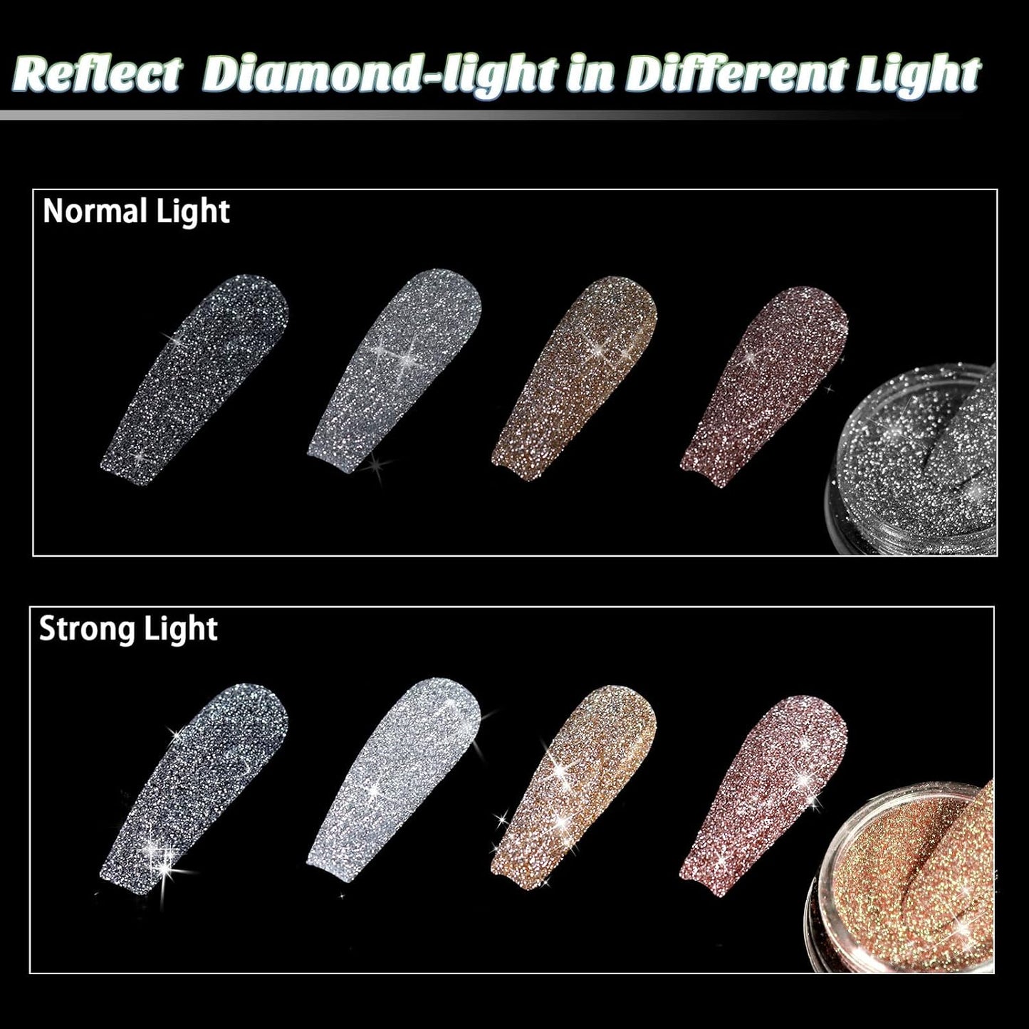 Allstarry Diamond Nail Glitter 4 Colors Sparkling Korea Reflective Diamond Glitter Dust Shiny Powder Pigment Nail Supplies for Nail Art Gel Polish Disco Party Nightclub Wedding Crafts