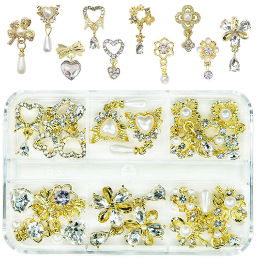 20Pcs Luxury Nail Charms 10 Pair Dangle Nail Art Rhinestones Heart Charms for Nails Flower Nail Crystals Heart Pearl Crystal Big Gems 3D Alloy Gold Luxury Nail Gems for Nails Crafts DIY Jewelry Making