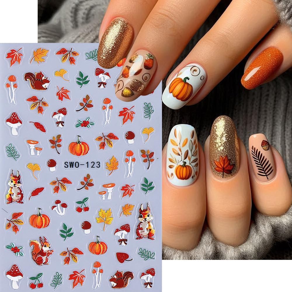 4Pcs Fall Nail Stickers 3D Pumpkin Maple Leaves Thanksgiving Nail Decals Orange Tree Nail Art Stickers 5d DIY Self Adhesive Nail Design Decoration