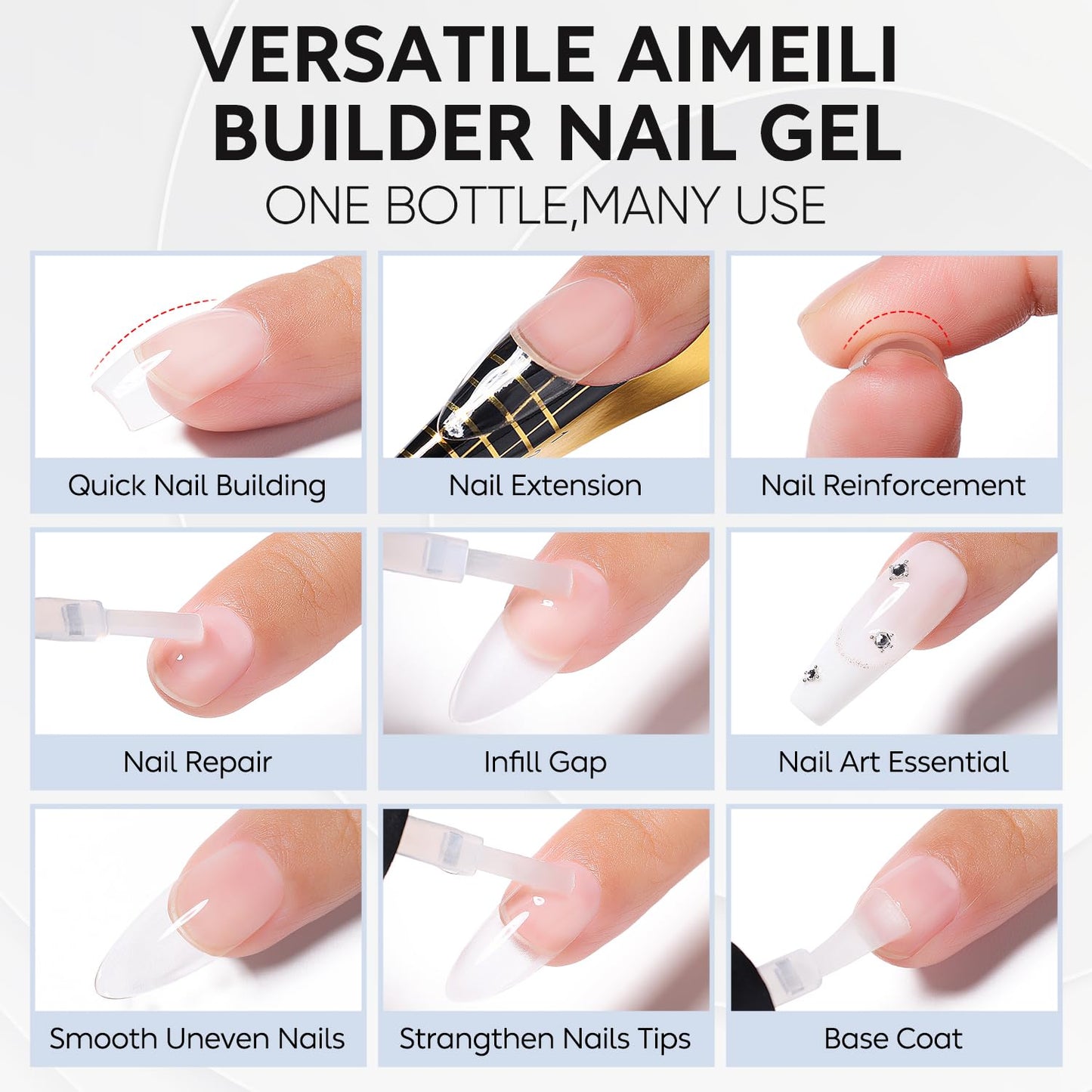 AIMEILI Builder Nail Gel Rubber Base Top Coat Kit 3pcs, Hema Free, Cruelty Free, Vegan, Clear High Gloss Gel Nail Polish Long Lasting Nail Art