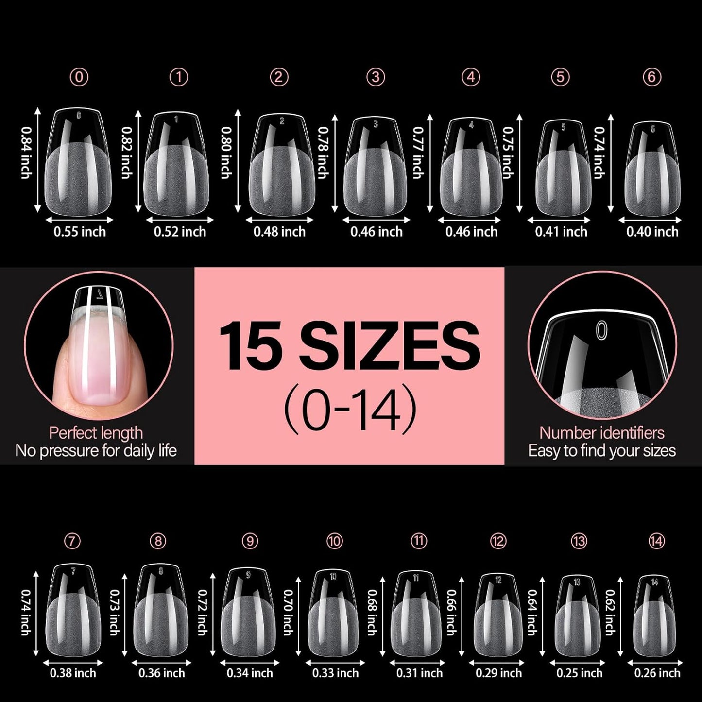 AILLSA Medium Coffin Nail Tips 240Pcs Soft Fake Nail Gel Tips Pre-Shaped Acrylic Nail Tips, Half Matte Full Cover Clear Tips False Press on for Extension Manicure Home DIY 15 Sizes Gelly Tips
