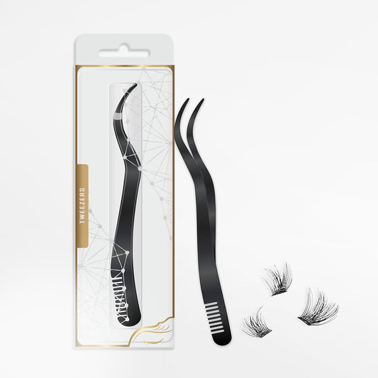 2 in 1 Lash Extension Tweezers with Comb, Stainless Steel Elbow Eyelash Extension Tweezers, Eyelash Tweezers for Lash Extensions, Precise Eyebrow Tweezers Tool for DIY False Eyelashes Clusters, Black