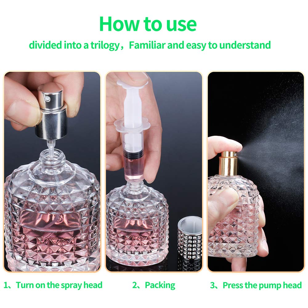 2 Pack 30ml Refillable Clear Glass Fine Mist Empty Spray Perfume Bottles, Atomizer Spray Bottle With 4 kinds of perfume dispenser (Silver cap and Gold cap)