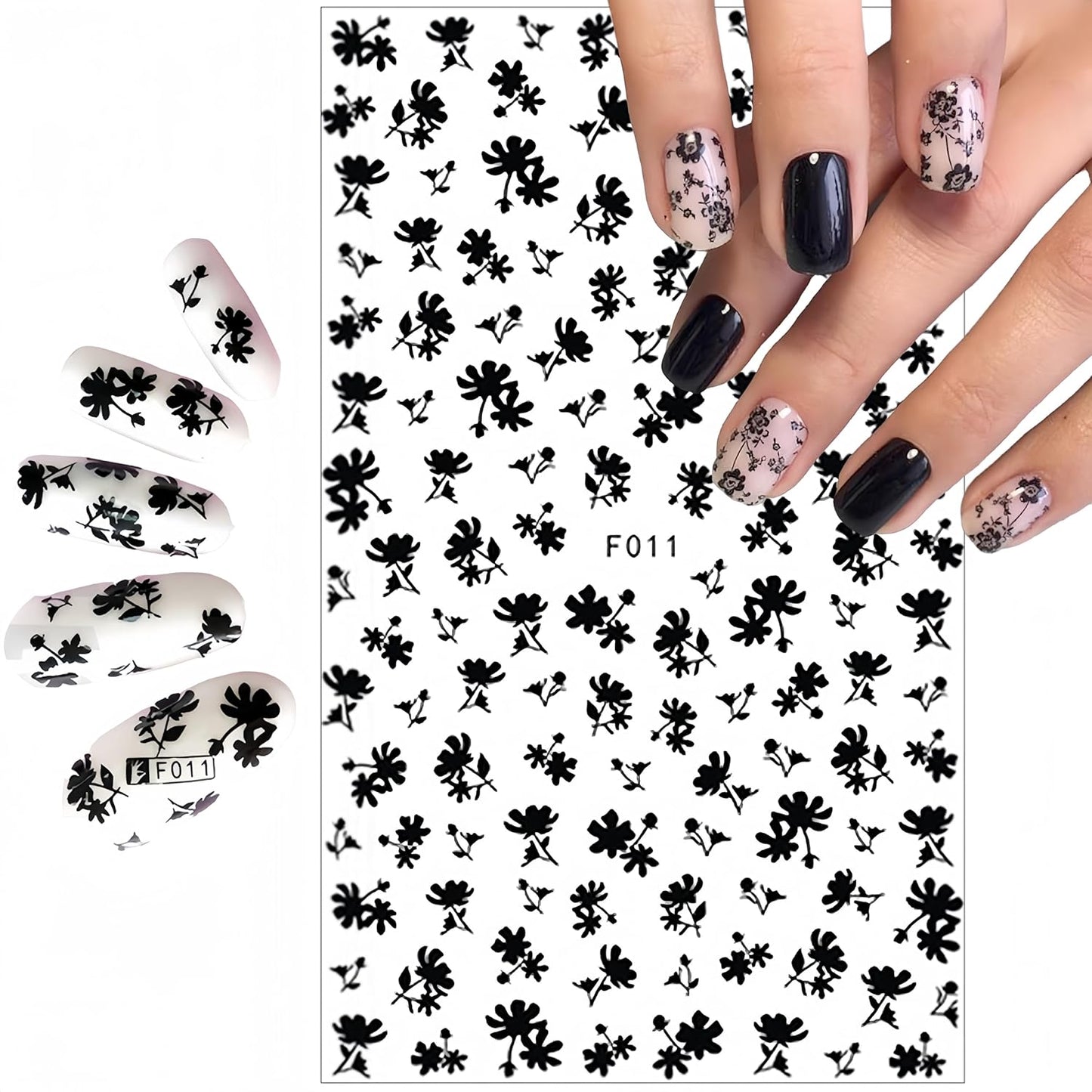 6Sheets Summer Flower Nail Art Stickers Black White Flower Nail Decals 3D Self Adhesive Nail Decals White Floral Cherry Blossoms Floret Nail Design for Women DIY Nail Decoration Accessories Craft