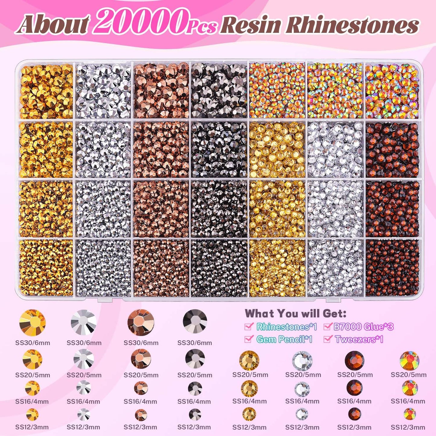 20000Pcs Metallic Rhinestones for Bedazzling with 3Pcs B7000 Jewelry Glue, Resin Rhinestones for Crafting Crafts,Bedazzler Kit Flatback Gems for Clothing Shoes Tumblers Nail Art