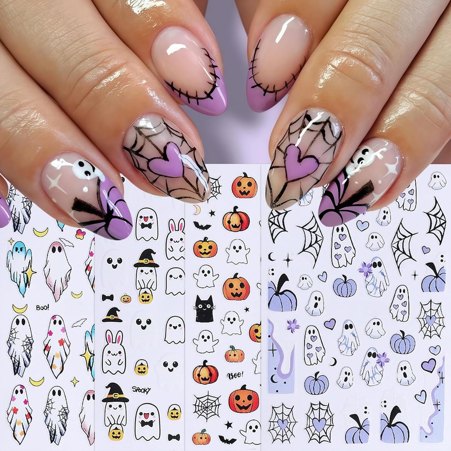 8Sheets Halloween Cute Heart Ghost Nail Stickers 3D Self-Adhesive Pumpkin Spider Web Nail Decals Pumpkin Bat Spider Web Black Cat Nails Design Star Nail Accessories for Women Holiday Manicure Decor
