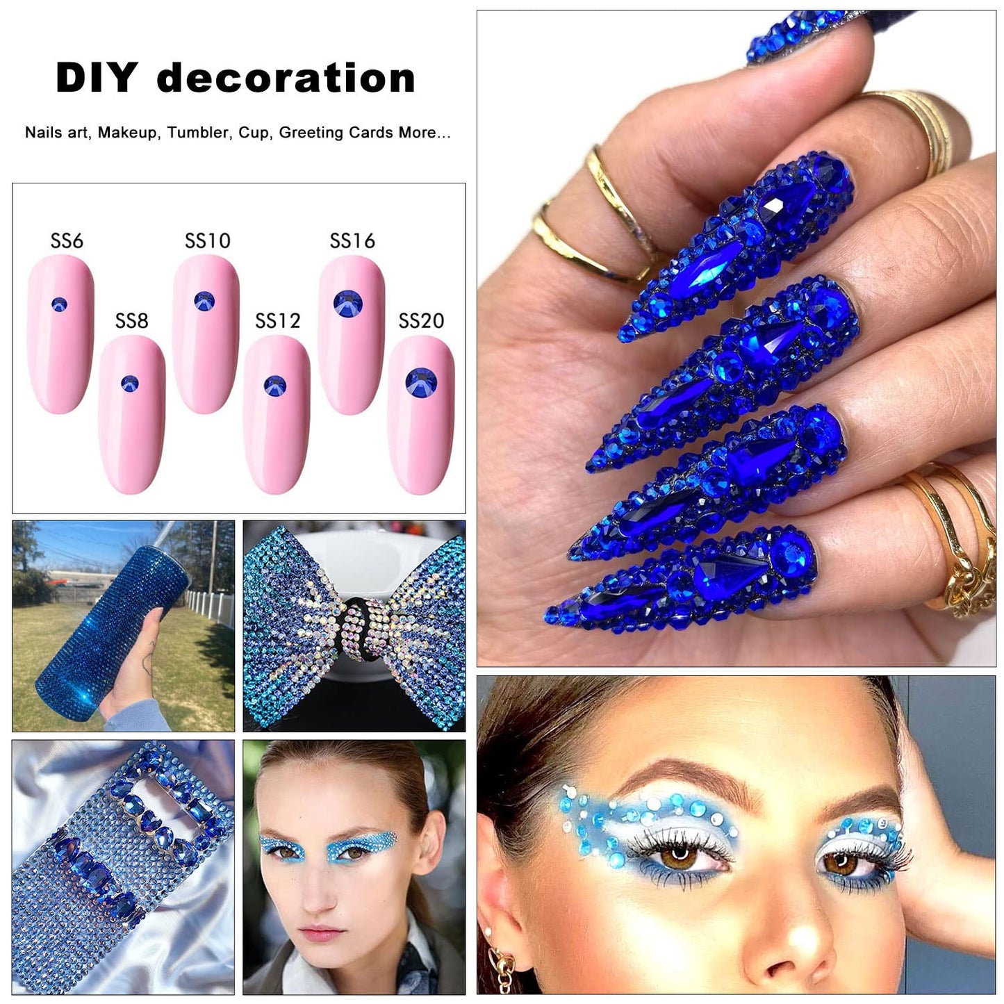 4240Pcs Flatback Royal Blue Rhinestones Glass Crystal Gems for Nail Art Face Jewels Glitter Round with Tweezers and Picking Pen (SS6~SS20 Set)