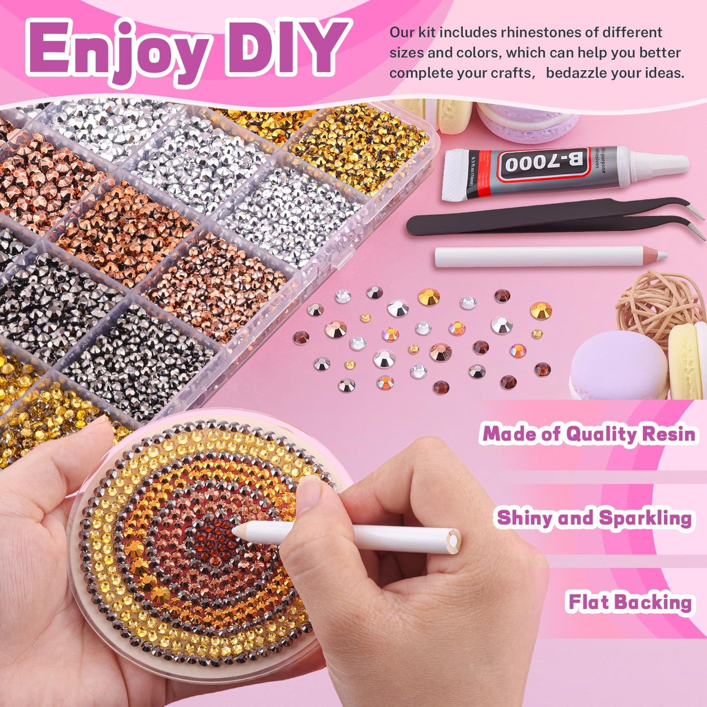20000Pcs Metallic Rhinestones for Bedazzling with 3Pcs B7000 Jewelry Glue, Resin Rhinestones for Crafting Crafts,Bedazzler Kit Flatback Gems for Clothing Shoes Tumblers Nail Art