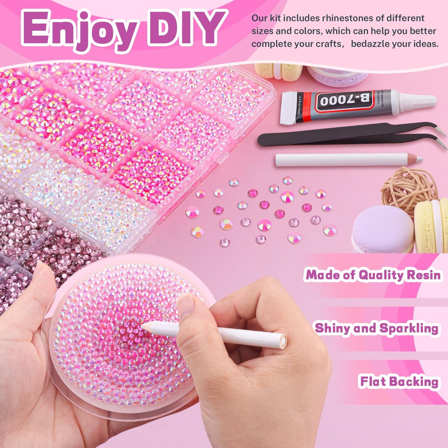 20000Pcs Pink Rhinestones for Bedazzling with 3Pcs B7000 Jewelry Glue, Resin Rhinestones for Crafting Crafts,Bedazzler Kit Flatback Gems for Clothing Shoes Tumblers Nail Art