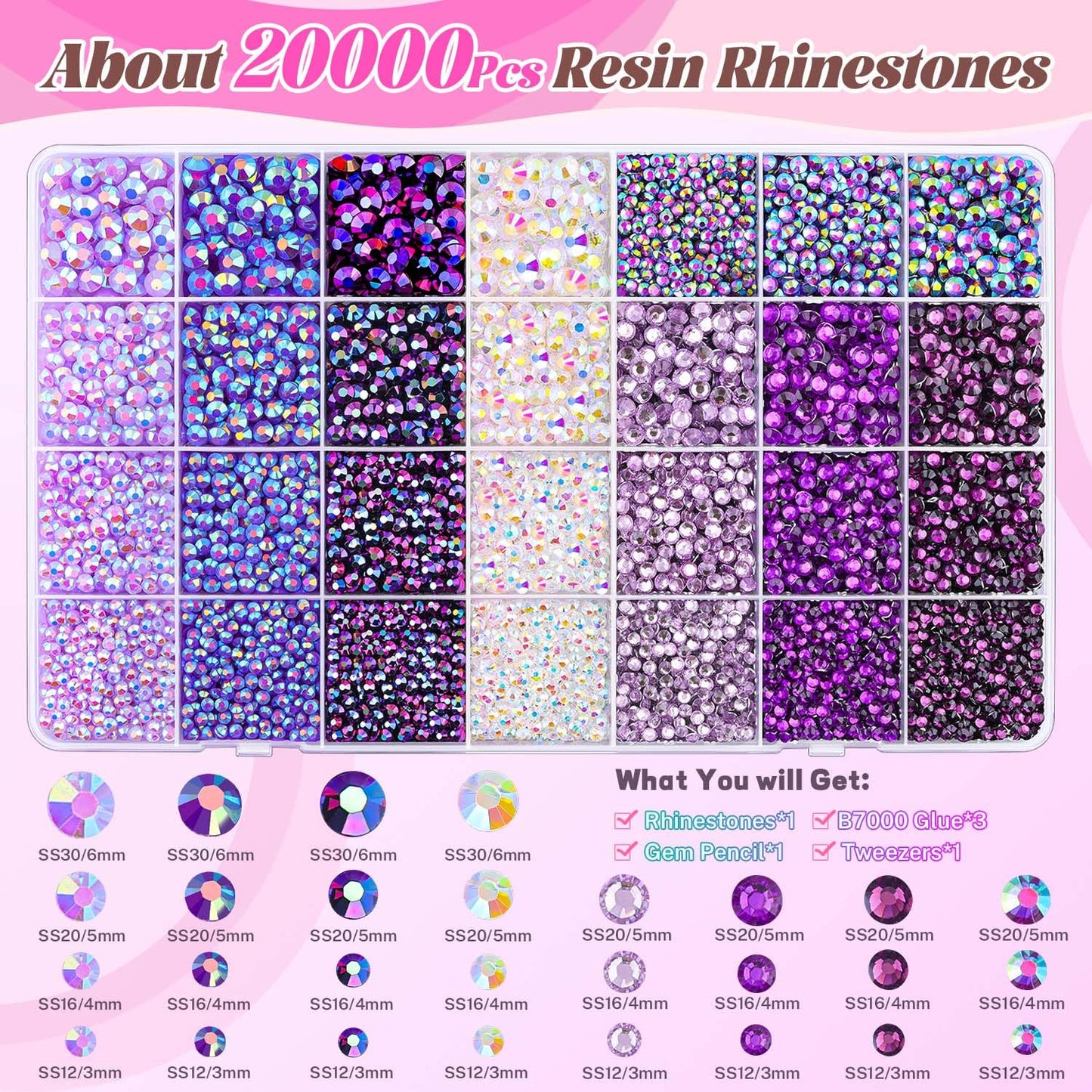 20000Pcs Purple Rhinestones for Bedazzling with 3Pcs B7000 Jewelry Glue, Resin Rhinestones for Crafting Crafts,Bedazzler Kit Flatback Gems for Clothing Shoes Tumblers Nail Art