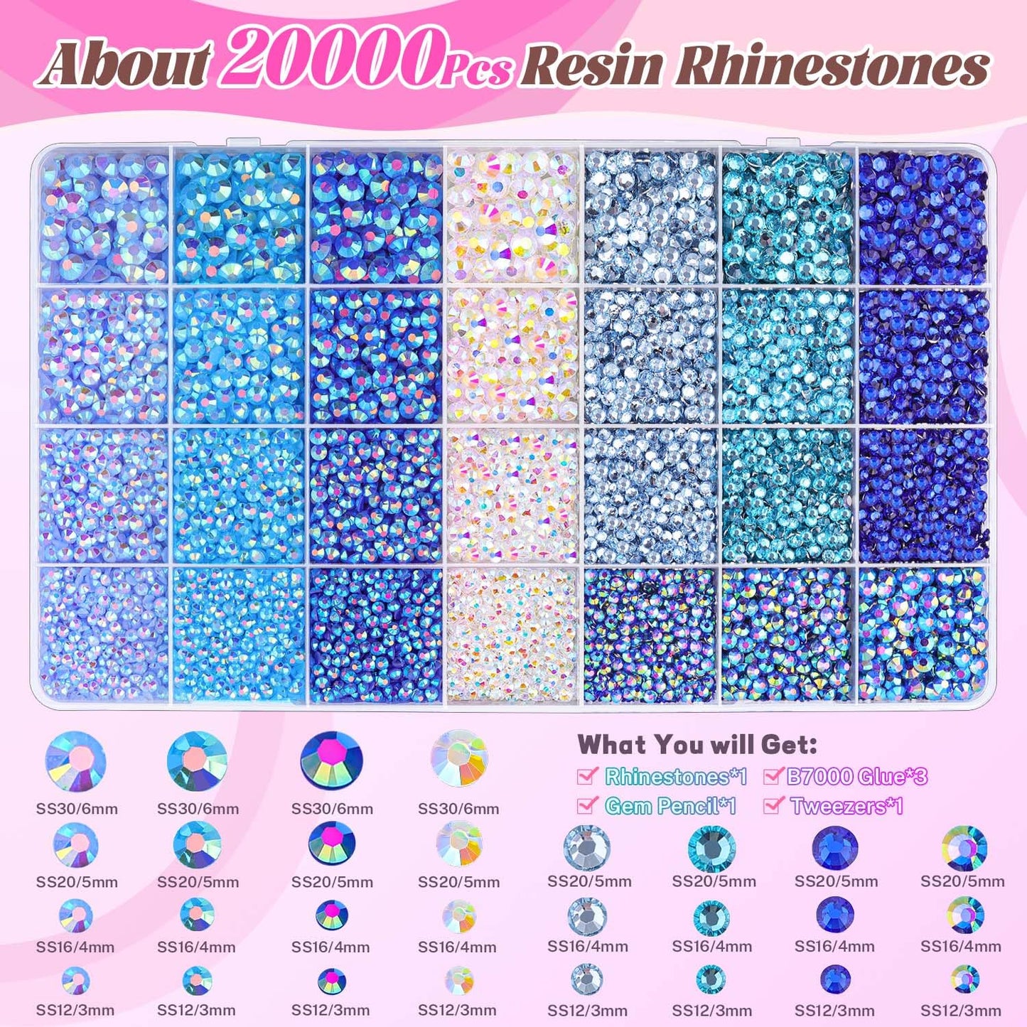 20000Pcs Blue Rhinestones for Bedazzling with 3Pcs B7000 Jewelry Glue, Resin Rhinestones for Crafting Crafts,Bedazzler Kit Flatback Gems for Clothing Shoes Tumblers Nail Art