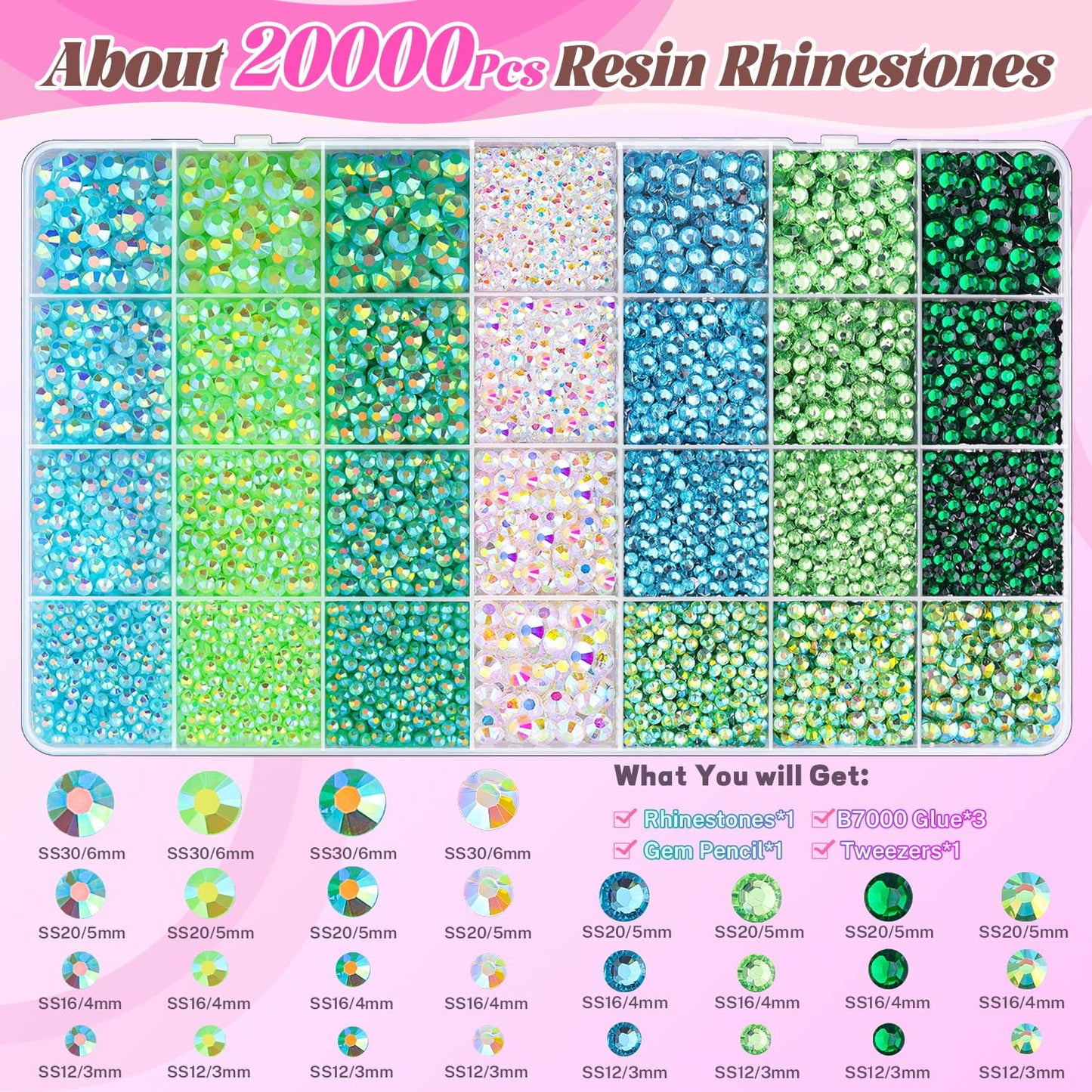 20000Pcs Green Rhinestones for Bedazzling with 3Pcs B7000 Jewelry Glue, Resin Rhinestones for Crafting Crafts,Bedazzler Kit Flatback Gems for Clothing Shoes Tumblers Nail Art