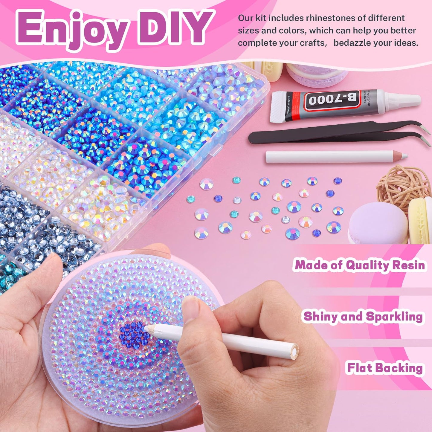 20000Pcs Blue Rhinestones for Bedazzling with 3Pcs B7000 Jewelry Glue, Resin Rhinestones for Crafting Crafts,Bedazzler Kit Flatback Gems for Clothing Shoes Tumblers Nail Art