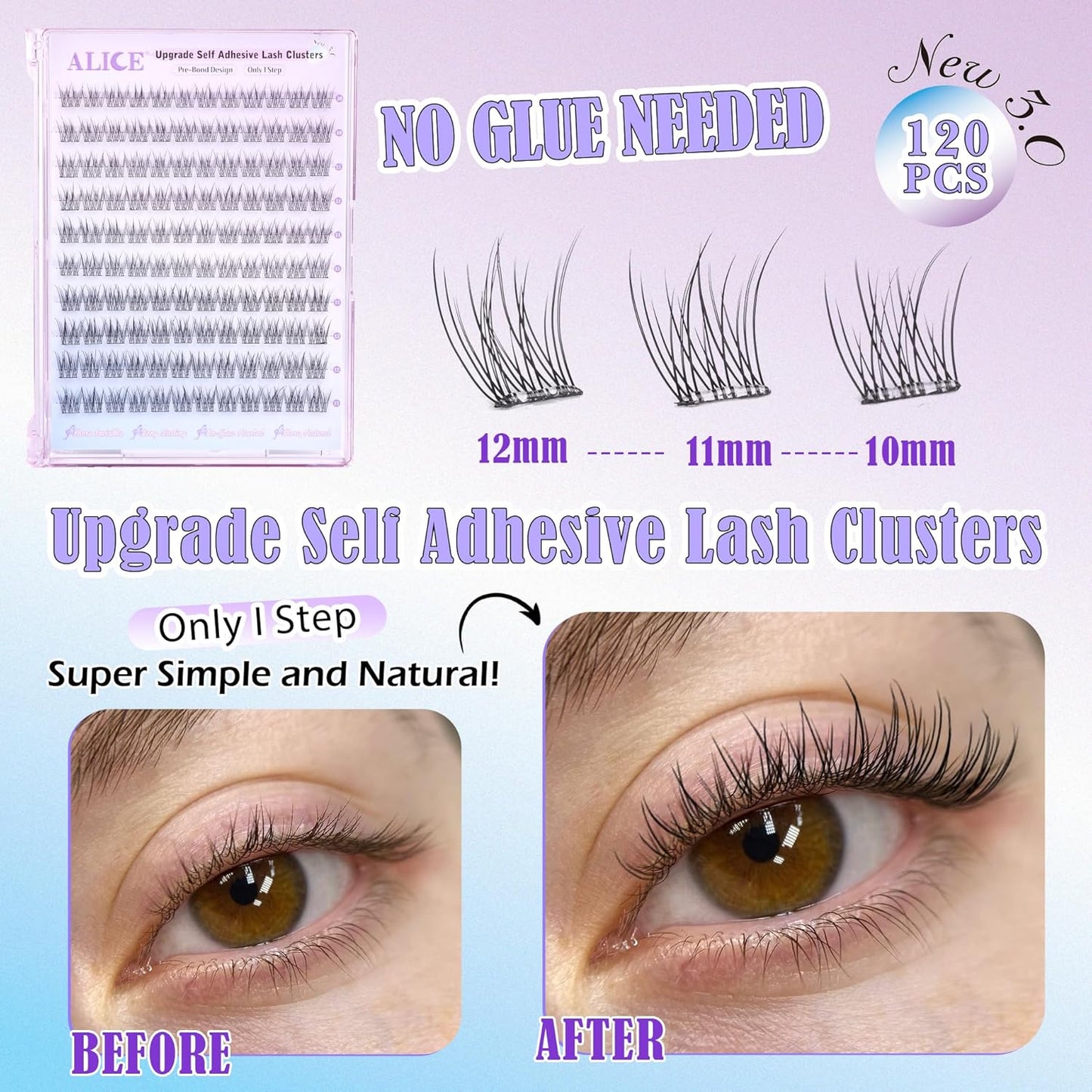 ALICE Self Adhesive Eyelashes Natural Self Adhesive Lash Clusters No Glue Needed Wispy Reusable Press on Lashes Pre-Glue 10-12mm 120pcs DIY Eyelash Extensions