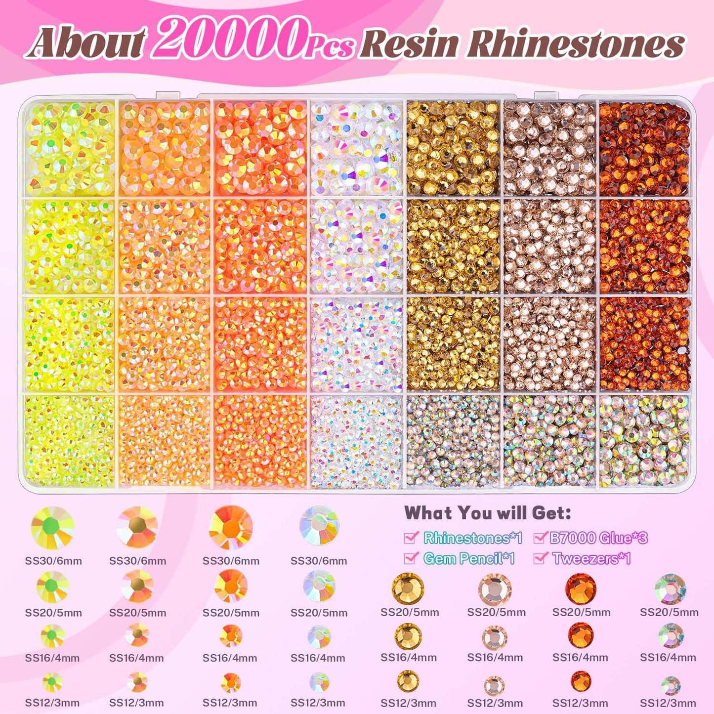 20000Pcs Yellow Rhinestones for Bedazzling with 3Pcs B7000 Jewelry Glue, Resin Rhinestones for Crafting Crafts,Bedazzler Kit Flatback Gems for Clothing Shoes Tumblers Nail Art