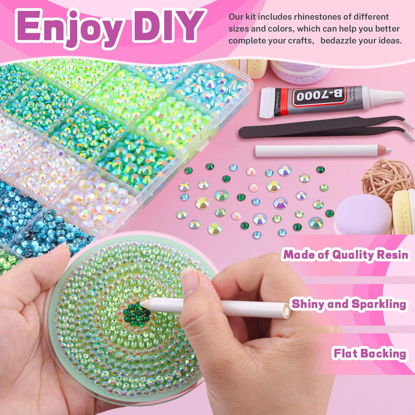 20000Pcs Green Rhinestones for Bedazzling with 3Pcs B7000 Jewelry Glue, Resin Rhinestones for Crafting Crafts,Bedazzler Kit Flatback Gems for Clothing Shoes Tumblers Nail Art