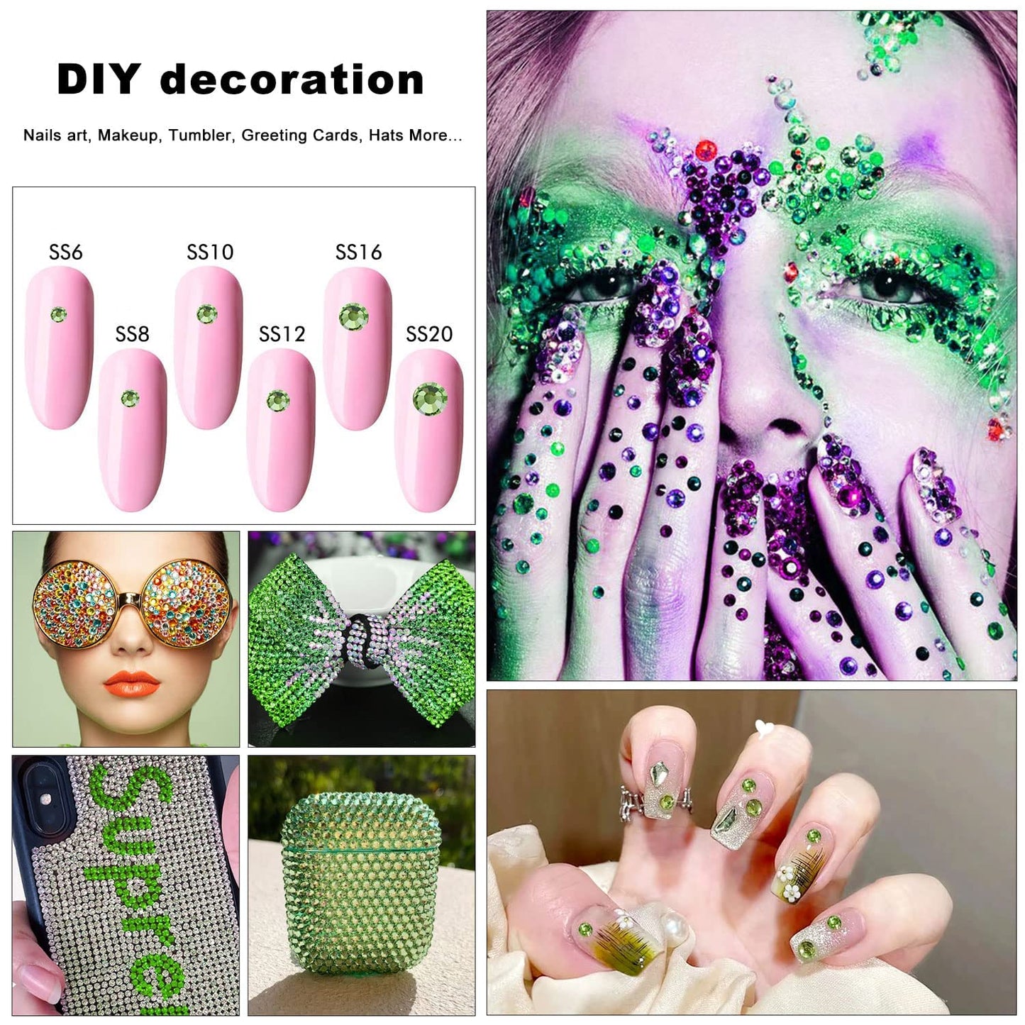 4240Pcs Lt. Green Flatback Rhinestones 6 Sizes Crystal Diamonds for Nail Art Crafts Clothes Shoes with Tweezers and Picking Pen