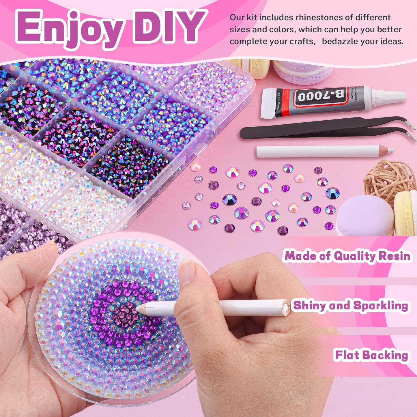 20000Pcs Purple Rhinestones for Bedazzling with 3Pcs B7000 Jewelry Glue, Resin Rhinestones for Crafting Crafts,Bedazzler Kit Flatback Gems for Clothing Shoes Tumblers Nail Art