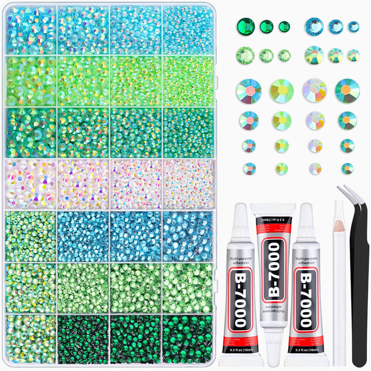 20000Pcs Green Rhinestones for Bedazzling with 3Pcs B7000 Jewelry Glue, Resin Rhinestones for Crafting Crafts,Bedazzler Kit Flatback Gems for Clothing Shoes Tumblers Nail Art