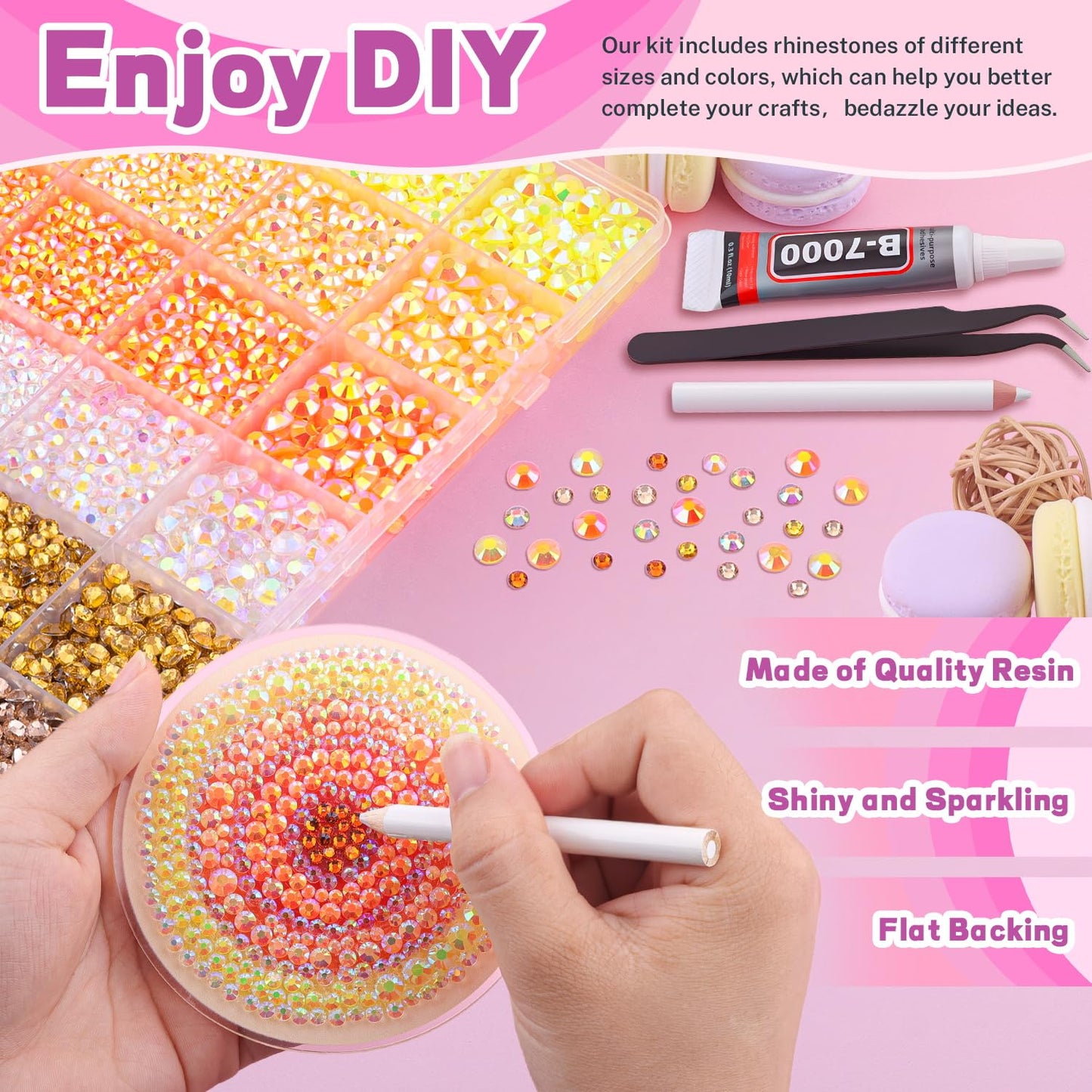 20000Pcs Yellow Rhinestones for Bedazzling with 3Pcs B7000 Jewelry Glue, Resin Rhinestones for Crafting Crafts,Bedazzler Kit Flatback Gems for Clothing Shoes Tumblers Nail Art