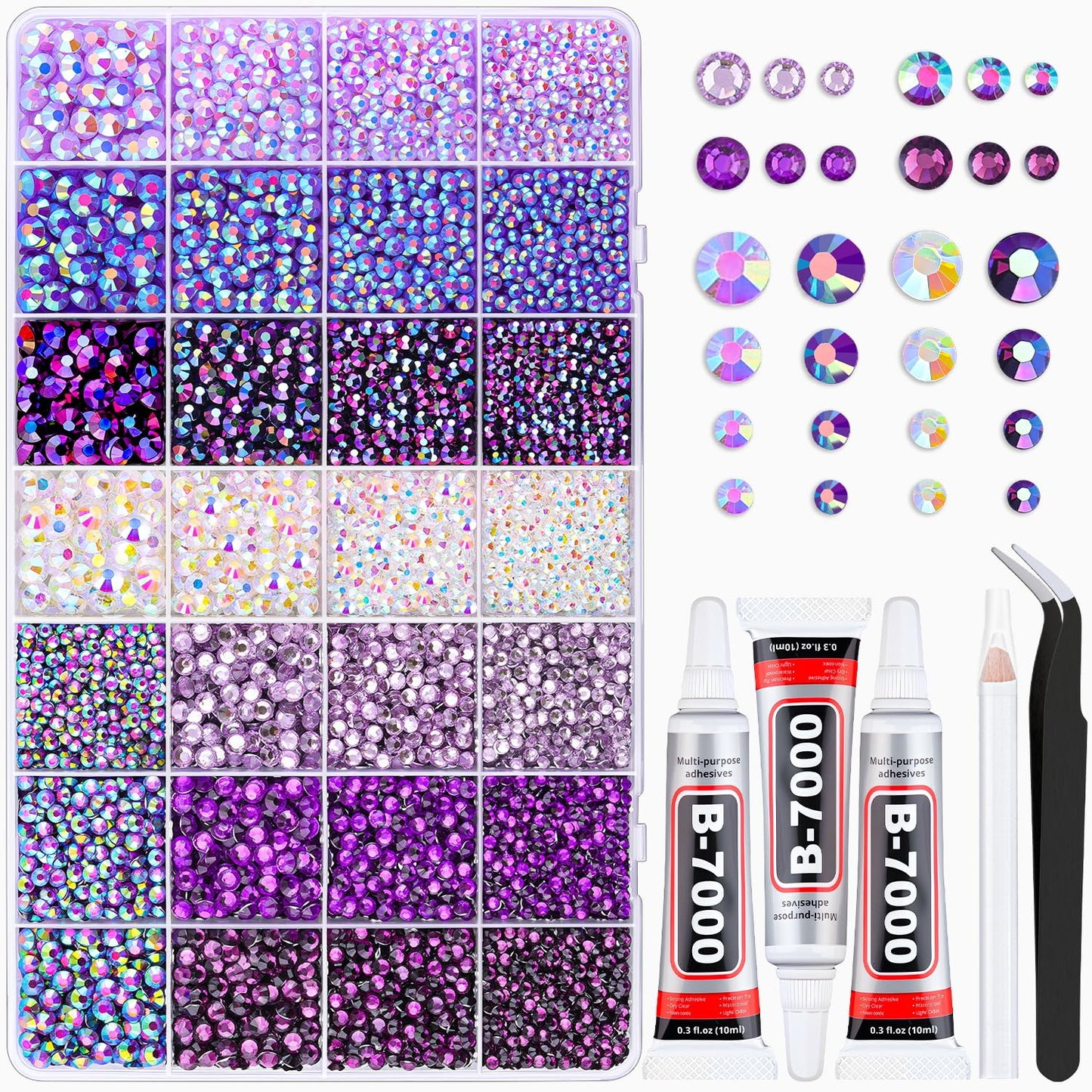 20000Pcs Purple Rhinestones for Bedazzling with 3Pcs B7000 Jewelry Glue, Resin Rhinestones for Crafting Crafts,Bedazzler Kit Flatback Gems for Clothing Shoes Tumblers Nail Art