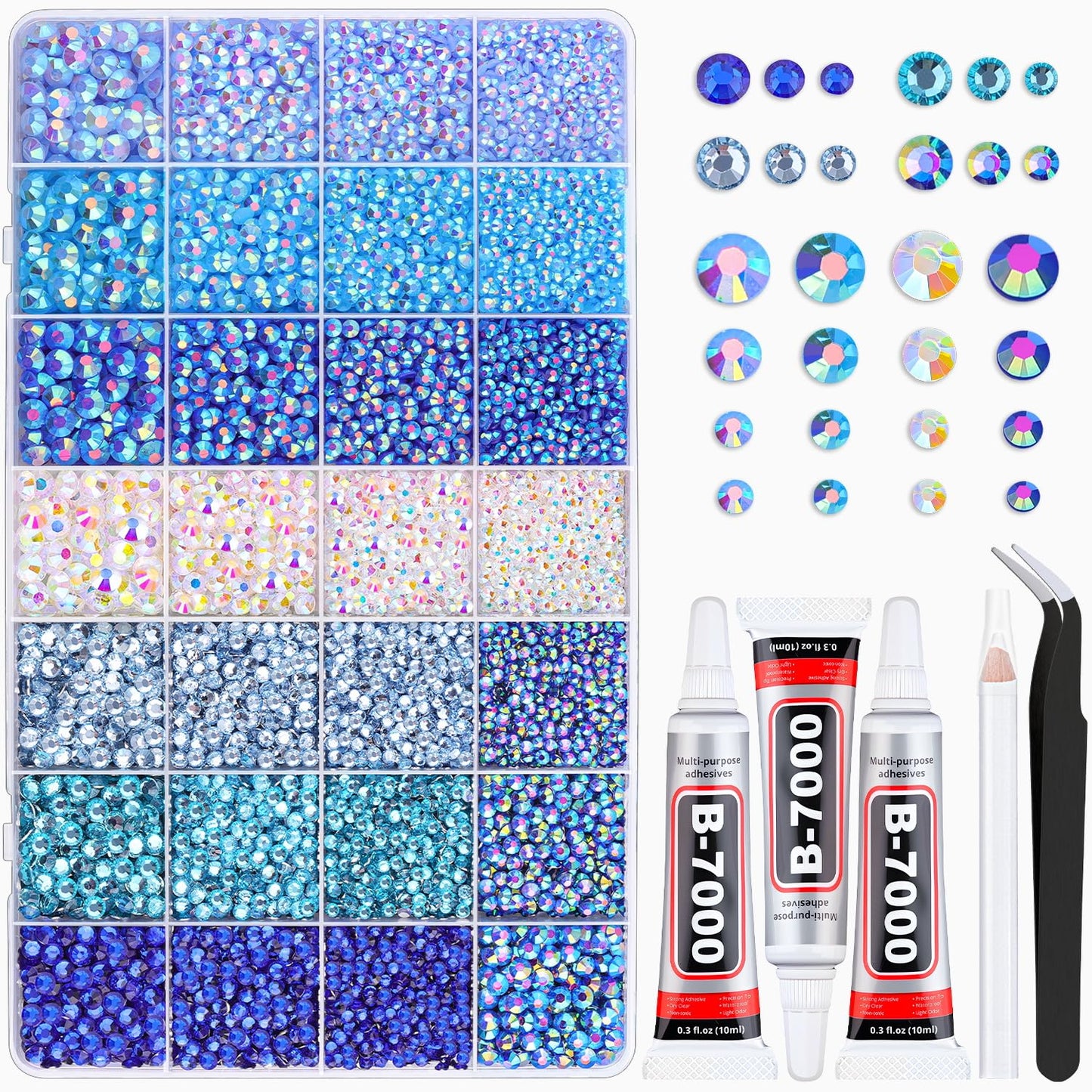 20000Pcs Blue Rhinestones for Bedazzling with 3Pcs B7000 Jewelry Glue, Resin Rhinestones for Crafting Crafts,Bedazzler Kit Flatback Gems for Clothing Shoes Tumblers Nail Art