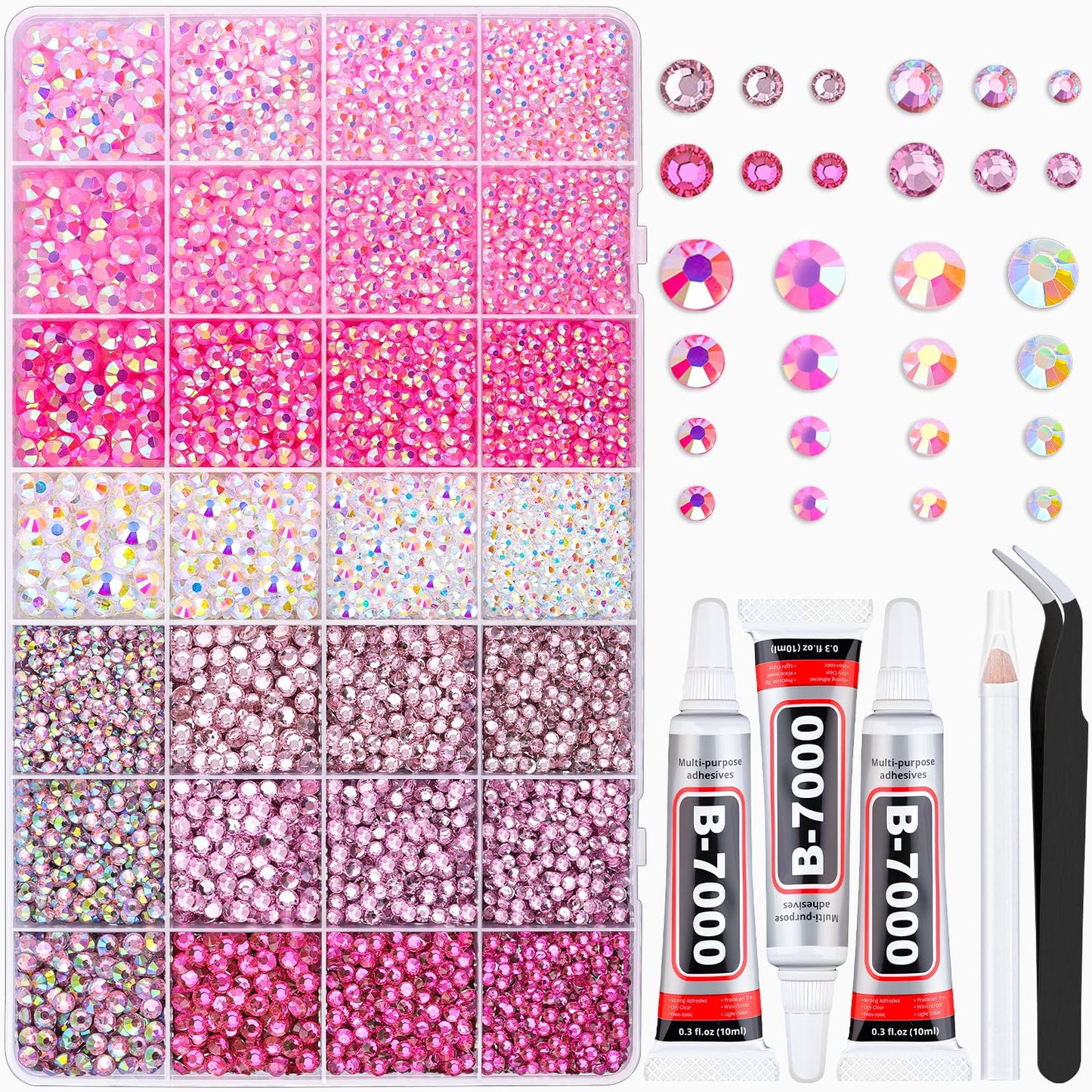20000Pcs Pink Rhinestones for Bedazzling with 3Pcs B7000 Jewelry Glue, Resin Rhinestones for Crafting Crafts,Bedazzler Kit Flatback Gems for Clothing Shoes Tumblers Nail Art