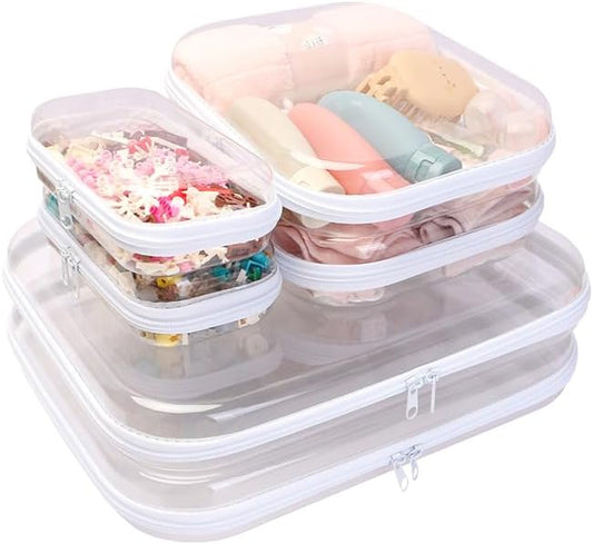 3PCS Clear Zipper Cases, Portable Clear Organizer Pouches for Travel, Double Zippered Hard Shell Plastic Case, Cosmetic Bag for Make Up Tools, Toiletries, Toy Storage(White,2 Pack)