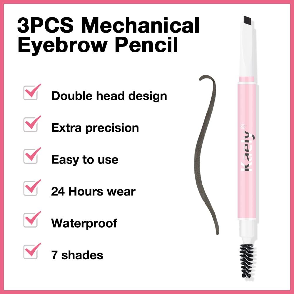 3Pcs Waterproof Eyebrow Pencil, Professional Makeup Micro Brow Pencil, Double-ended ultra-fine eyebrow pencil, Ultra-Fine Mechanical Pencil (3, 01#Ebony)