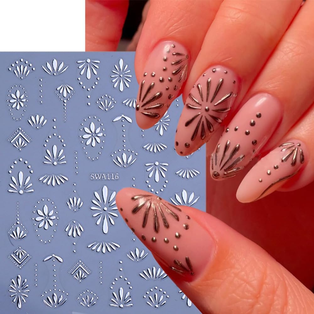 6 Sheets Bohemia Nail Stickers for Nail Art 3D Self Adhesive Gold Silver Blue Flower Nail Decals Flowers French Tip Nail Sticker Retro Bohemian Design Stickers for Women DIY Manicure Supplies