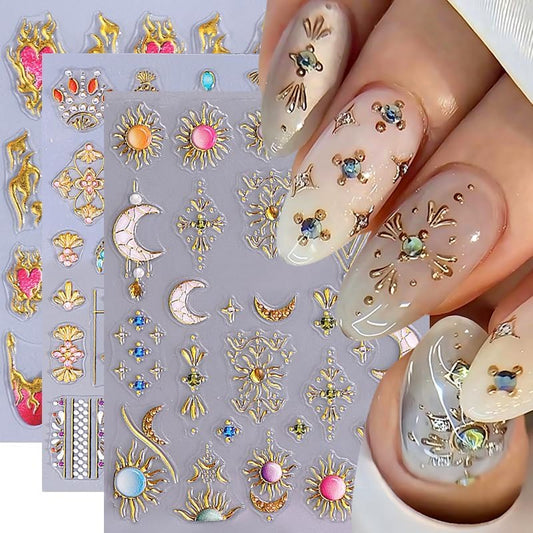3 Sheets Bohemian Style Nail Decals Embossed Star Nail Art Stickers 5D Self-Adhesive Sun Moon Nail Stickers Flame Heart French Designs Nails Decor Boho Manicure Accessories for Women Nail Supplies