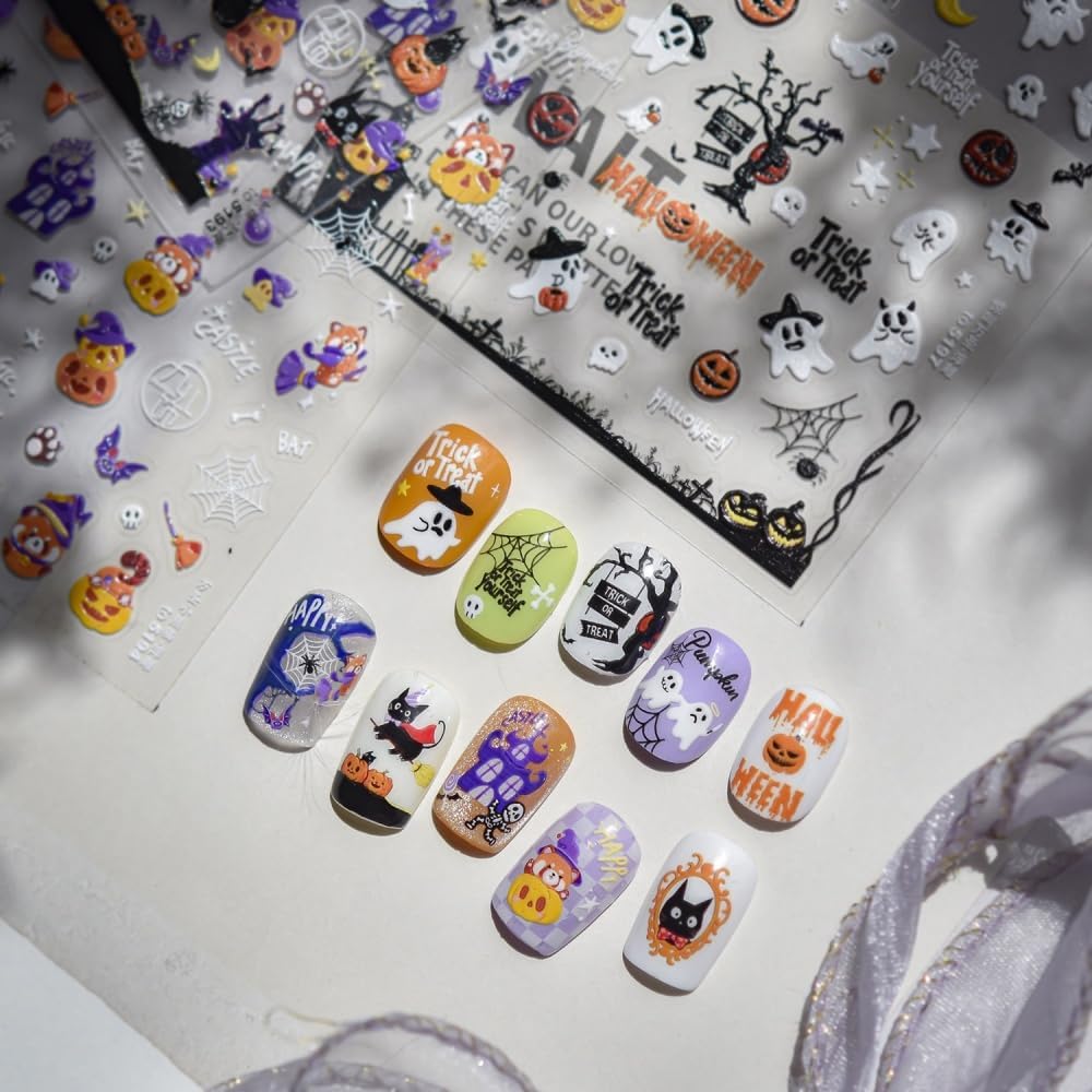 5D Embossed Halloween Nail Stickers 3D Self-Adhesive Magic Hat Pumpkin Nail Supplies Cute Cute Ghost Nail Decals Haunted House Spider Web Nails Designs for Women Holiday DIY Manicure 1 Sheet
