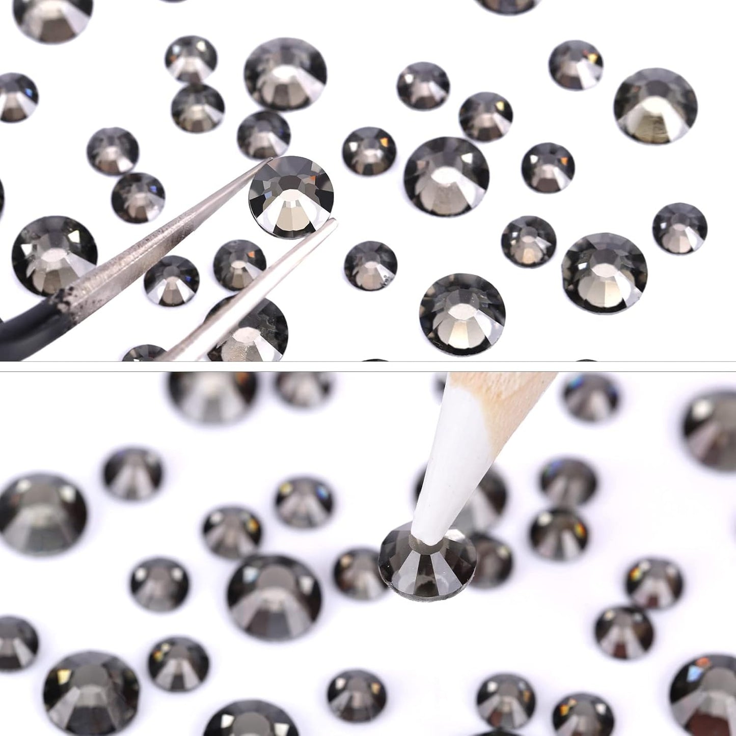 4240Pcs Black Diamond Flatback Rhinestones 6 Sizes Crystal Diamonds for Nail Art Crafts Clothes Shoes with Tweezers and Picking Pen